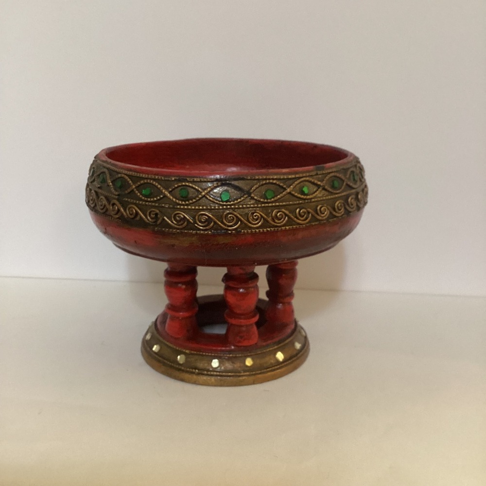 Vintage Thai Red Lacquer Wood Offering Bowl Pedestal Gold Filigree Gemstone 6.5"